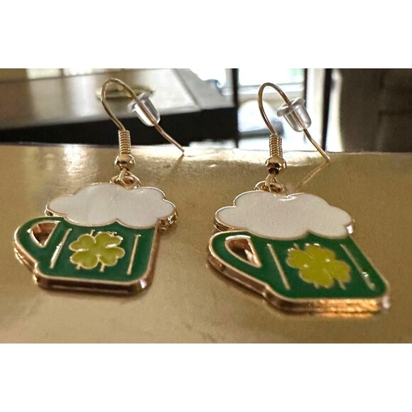 St Patricks Day Earrings Beer Four Leaf Clover Dangle Hooks Parade New F… - Picture 4 of 11